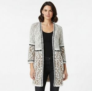 Chico's Women's Cream and Tan Patterned Cardigan XL